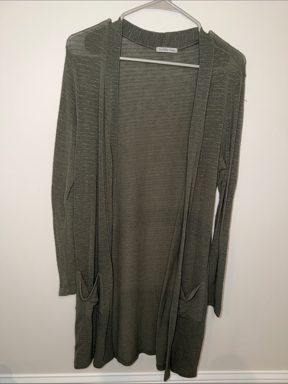 VINTAGE Charlotte Russe Olive Green Long Open-Front Cardigan